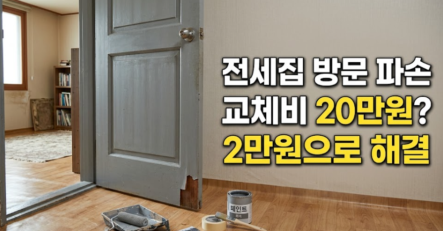 오래된 아파트 전세집의 파손된 나무 방문을 셀프 DIY로 보수 및 수리하는 과정을 보여주는 블로그 썸네일